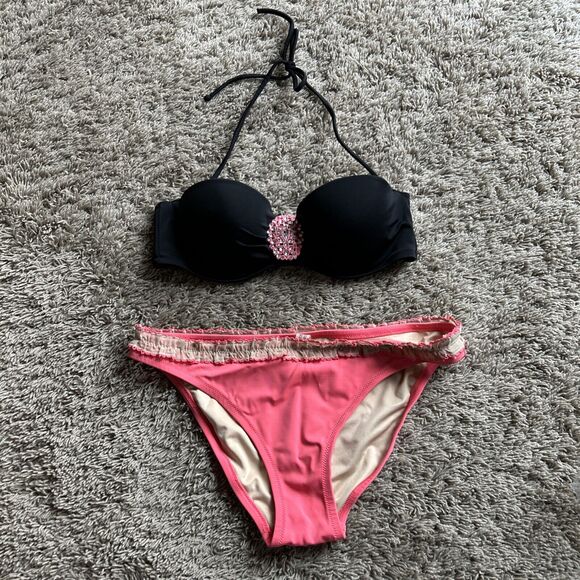 VICTORIA'S SECRET 34C/36B Swim Suit BIKINI TOP JEWEL & Black BOTTOMS Sz M V24 - Picture 10 of 16